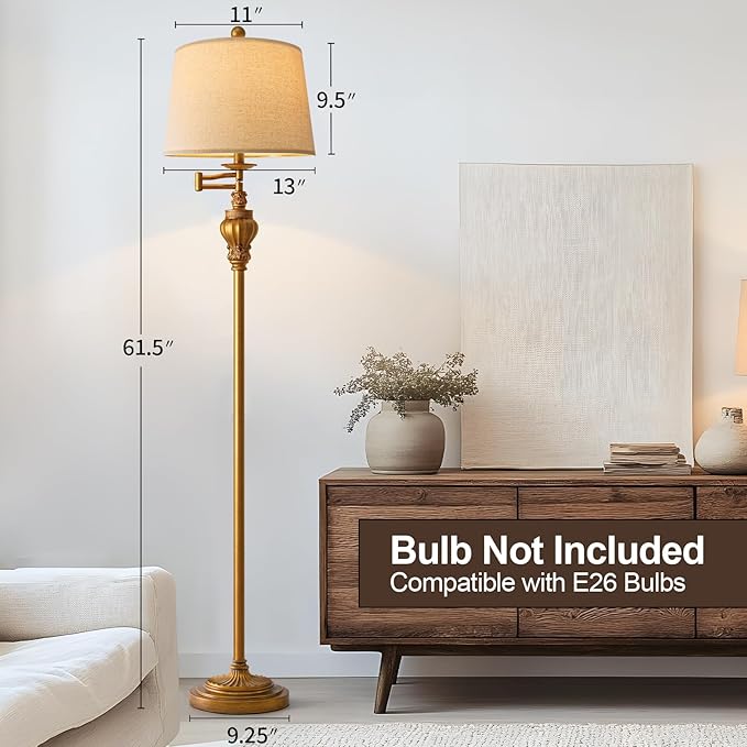 61" Vintage Floor Lamp with 350° Adjustable Swing Arm, Gold Standing Lamp for Bedroom Living Room Nightstand Bedside Retro Farmhouse Mid Century Lamp Light Home Décor Office Gifts-Ruum Studio Home