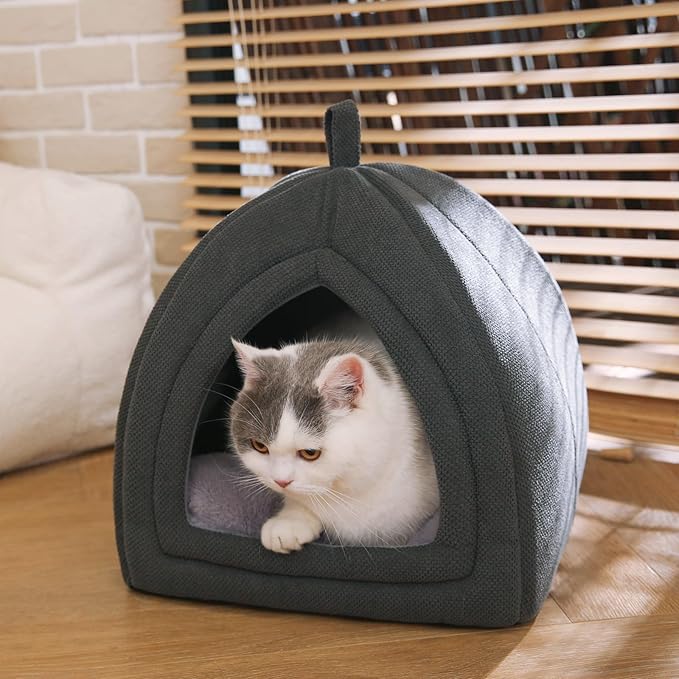 Amazon Basics Cat Cave Bed, 2-in-1 Foldable House for Indoor Cats, with Washable Cushion and Non-Slip Base, 15 x 15 Inches, Small-Ruum Studio Home
