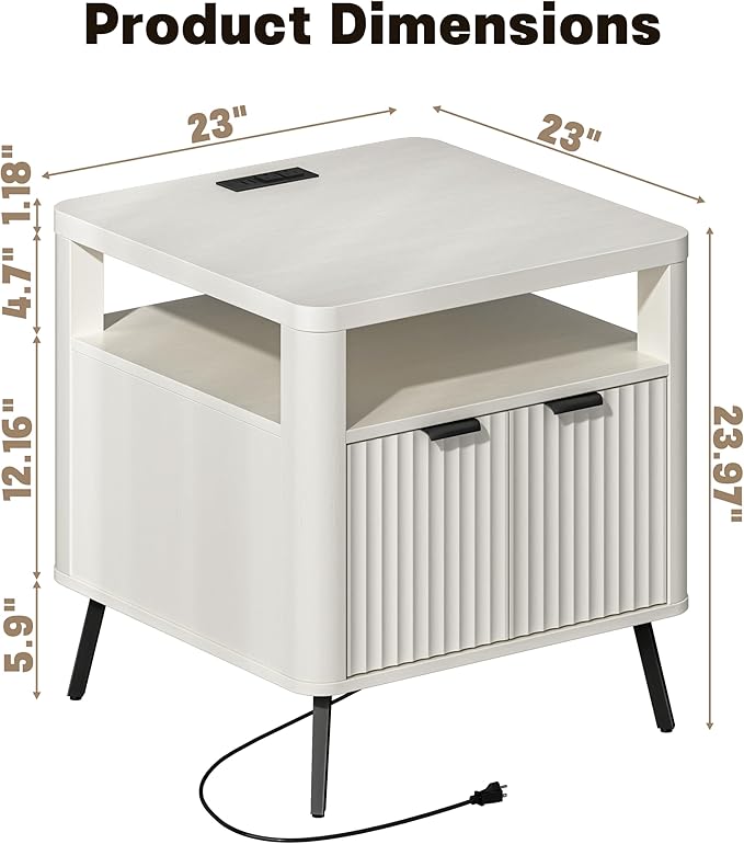 Nightstand Set of 2 with Charging Station, 24" End Table Side Table with Open Shelf, Modern Large Wood Fluted Bedside Cabinet for Bedroom, Living Room, White-Ruum Studio Home