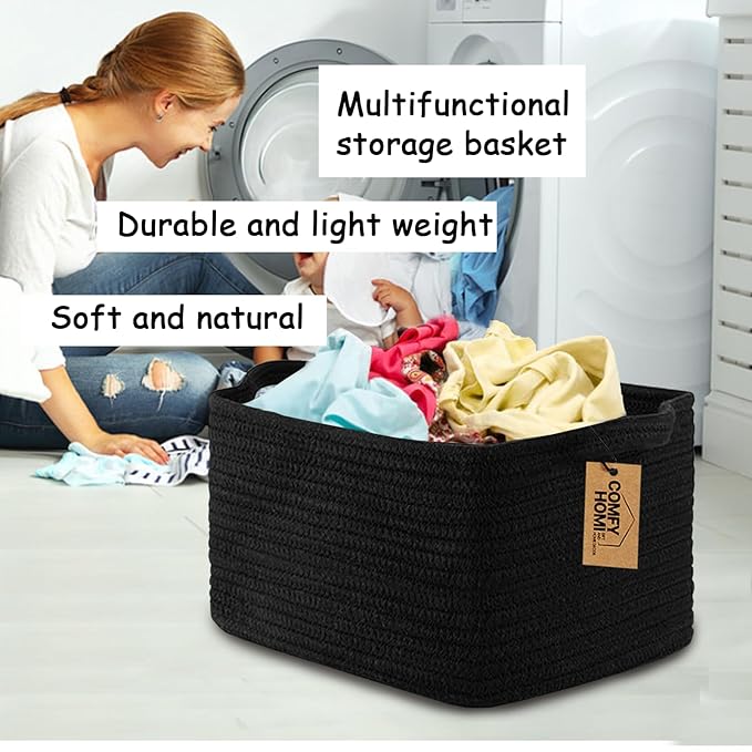 COMFY-HOMI 3PACK Cotton Rope Woven Basket With Handles for Shelves, Toy, Book, Cloth Storage Basket for Organizing|13.5" x 11" x 9.5" Decorative Nursery Cube Bin for Living Room（all Black）-Ruum Studio Home