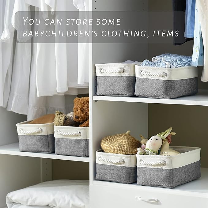 TcaFmac Small Storage Baskets for Shelf 6 Pack Canvas Storage Basket with Handles Fabric Storage Basket for Organizing Storage Bin (White and Grey, 12x8x5")-Ruum Studio Home