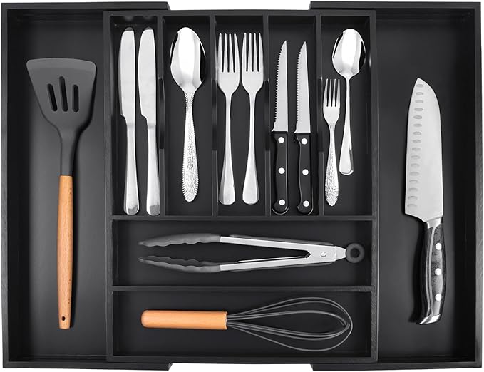 Bellsal Large Premium Bamboo Silverware Organizer - Expandable Utensil Drawer Organizer - 17"x19.6" Utensil Holder and Cutlery Tray with Grooved for Kitchen Flatware and Utensils(7-9 Slot, Black)-Ruum Studio Home