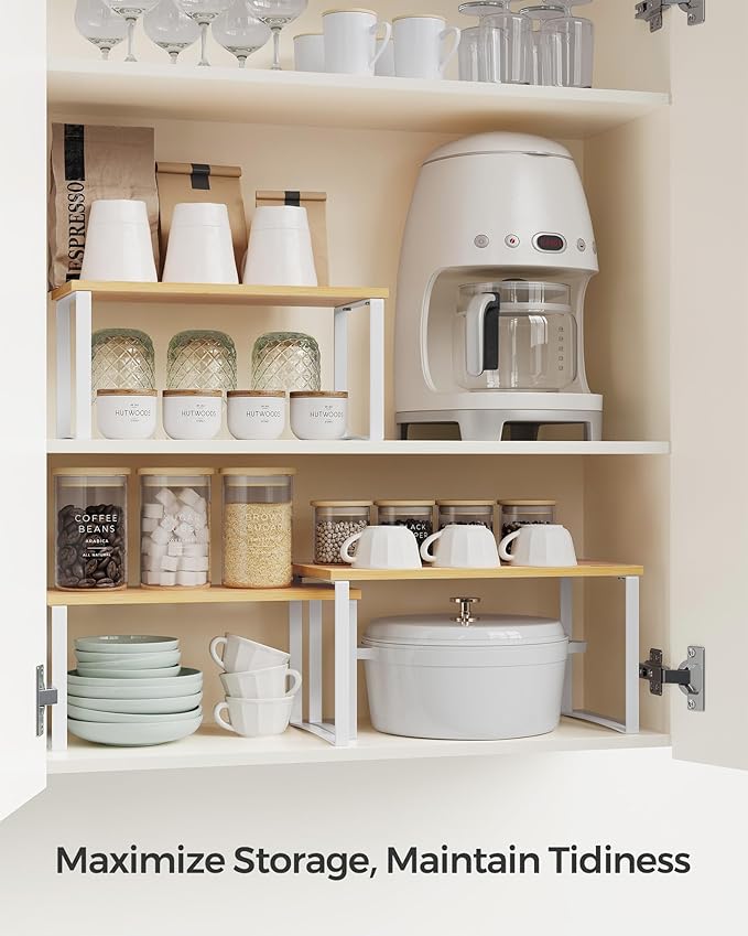 SONGMICS Cabinet Organizer Shelf, Set of 3 Kitchen Counter Shelves, Kitchen Storage, Spice Rack, Stackable, Expandable, Cloud White and Natural Beige UKCS014W01-Ruum Studio Home