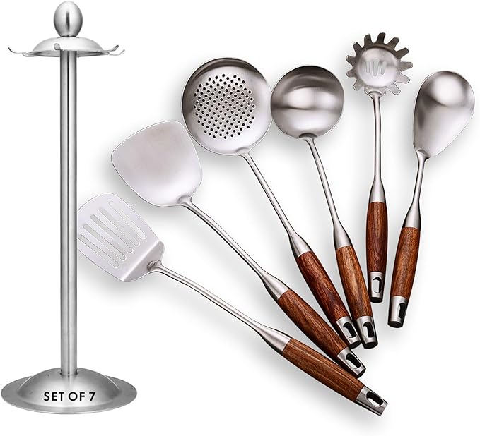 Cooking Utensils Set,7pcs 304 Stainless Steel Kitchen Utensils Set with Holder,Heat Resistant Wooden Handle Kitchen Tools-Ruum Studio Home