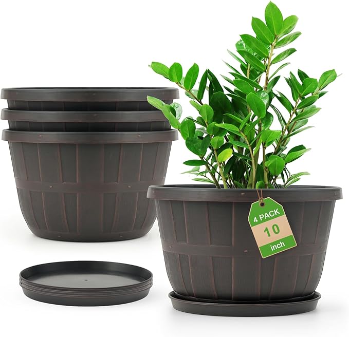Quarut 10 inch Plastic Flower Pots for Outdoor Plants，4 Pack Large Outdoor Planter Pot with Drainage Holes & Saucers，Imitation Wine Barrel Design，for Indoor Outdoor Garden Plants（Brown）-Ruum Studio Home