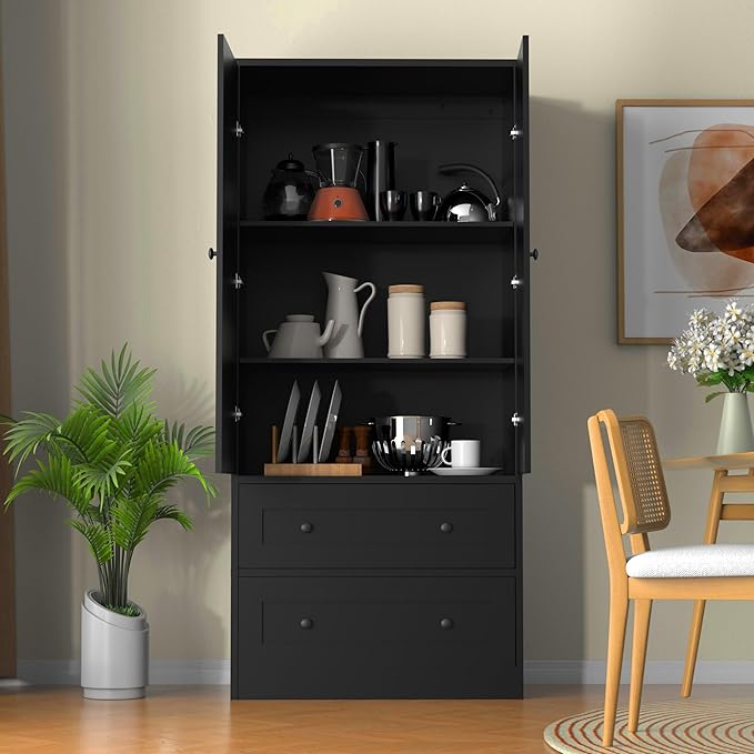 64.2" Tall Rattan Black Kitchen Pantry, Storage Cabinet with Doors and Drawers, Freestanding Wooden Organizer for Kitchen, Dining Room-Ruum Studio Home