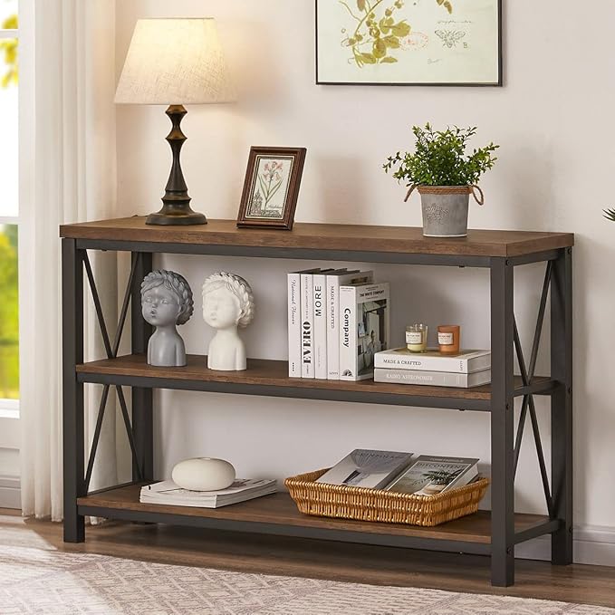 BON AUGURE Rustic Entryway Table, Farmhouse Hallway Table, Console Tables for Entryway, 3 Tier Sofa Tables for Living Room, Industrial Entry Table (47 Inch, Rustic Oak)-Ruum Studio Home