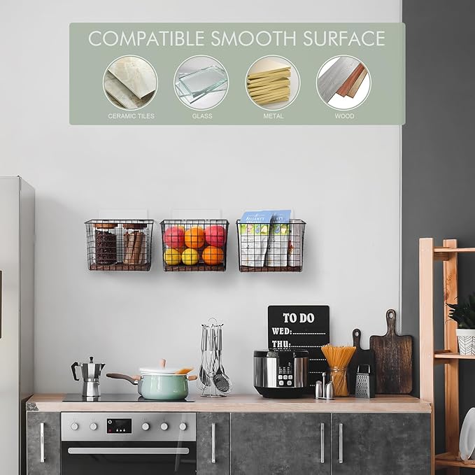 Wall Hanging Baskets 3 Pack, Large Diversified Wire Basket Shelves of Wooden Style, with Wall Mounted Metal Hooks & Traceless Stickers, for Kitchen Coffee Bar Office Room Garage Storage Organization-Ruum Studio Home