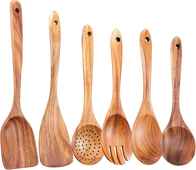 Wooden Kitchen Utensils Set,GUDAMAYE 6 PCE Wooden Spoons for Cooking,Wooden Cooking Utensils,Natural Teak Wooden Spoons For Non-stick Pan-Ruum Studio Home