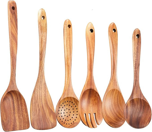 Wooden Kitchen Utensils Set,GUDAMAYE 6 PCE Wooden Spoons for Cooking,Wooden Cooking Utensils,Natural Teak Wooden Spoons For Non-stick Pan-Ruum Studio Home