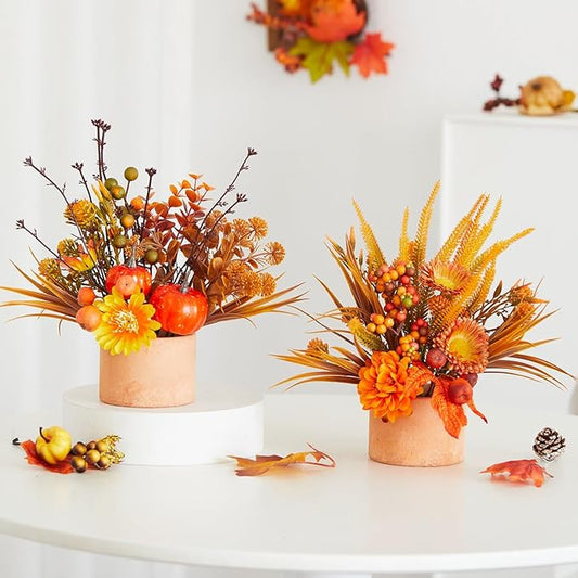 Thanksgiving Centerpiece Fall Table Flower - 2 Pack Lighted Realistic Artificial Table Plant with Western Modern Boho Rustic Aesthetic Bouquet Fall Decor Gift for Home Farmhouse-Ruum Studio Home