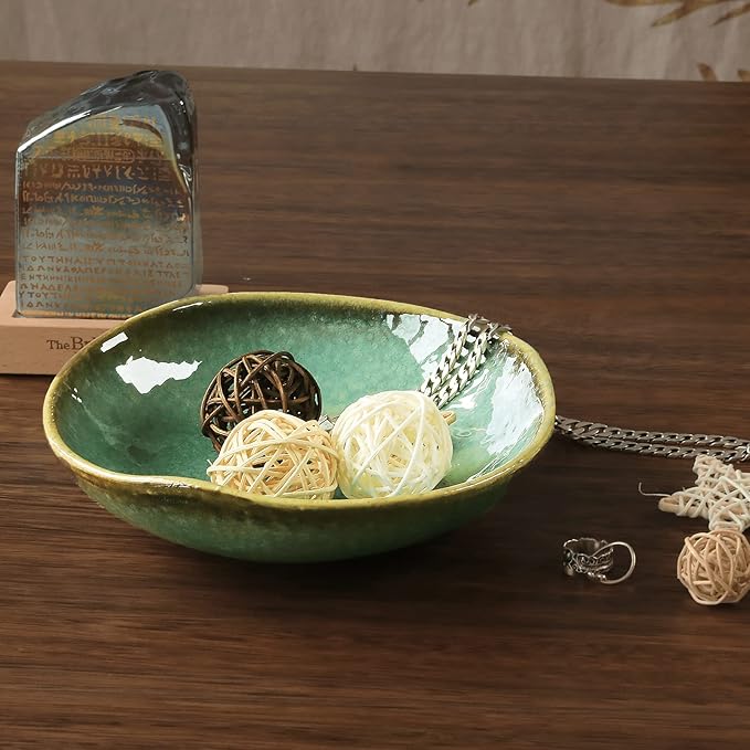 Ceramic Decorative Bowl with Green Glaze, 8'' Small Candy Bowl, Key Dish for Entryway Table, Home Decor Accent, Trinket Tray Holder for Nightstand Ring Gift (8'' Green)-Ruum Studio Home