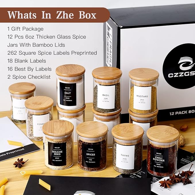 12 Pcs Glass Spice Jars With 296 Spice Labels Preprinted of White and Black Color- 6oz Thicken(2.4mm) Spice Containers With Bamboo Airtight Lids - Empty Small Herb Seasoning Jars-Ruum Studio Home