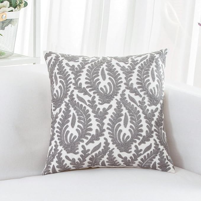 HWY 50 Grey Gray Decorative Throw Pillow Covers 18x18 Inch (1 Piece), Embroidered Cotton Farmhouse Cushion Cover Pillow Case for Sofa Couch Living Room Bed Bedroon, Floral Branches-Ruum Studio Home