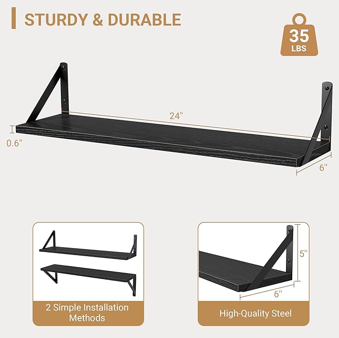 Heimlove Floating Shelves for Wall, 24 Inch Long Wood Floating Shelves Set of 3, Wall Mounted Hanging Shelf for Bathroom Bedroom Kitchen, Black-Ruum Studio Home