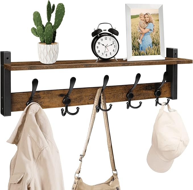 Homode Rustic Brown Wall Mount Coat Rack with Shelf and 5 Tri Hooks, Wood Coat Hangers for Hanging Hat, Towel, Purse, Jacket-Ruum Studio Home