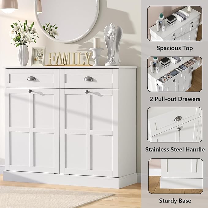 Loomie Double Tilt Out Laundry Hamper Cabinet, Hidden Laundry Cabinet with 2 Drawers & 2 Baskets, 30 Gallon Trash Can for Bathroom, Kitchen, White-Ruum Studio Home