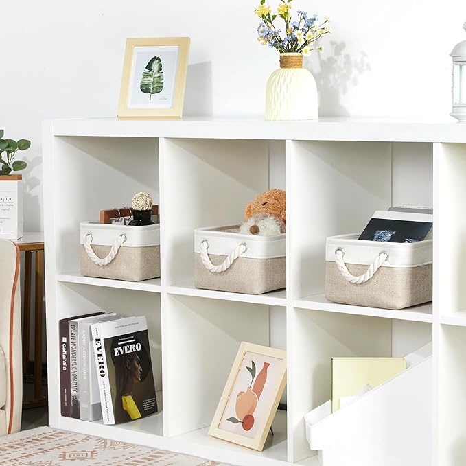 Bidtakay Small Baskets Fabric Storage Baskets for Organizing 3-Pack 12x8x5 Inch Collapsible Storage Bins for Shelves Canvas Bins for Closet Organization Baskets Storage Linen Closet S-White&Beige-Ruum Studio Home