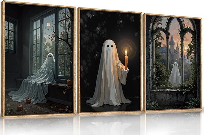 LHIUEM Large Halloween Cute Ghost Framed Canvas Wall Art Set,Vintage Spooky Wall Decor,Retro Dark Prints,Midnight Candle Poster Artwork for Living Room,Bathroom,Dining Room -16"x24"x3-Ruum Studio Home
