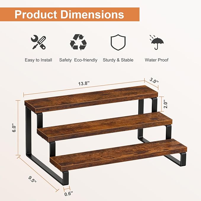 Giikin 3-Tier Spice Rack, 13.8 Inch Wood Step Shelf Countertop Spice Storage Holder, Kitchen Pantry Cabinet Organizer Cupboard for Spice Bottles, Jars, Seasonings, Baking Supplies, Metal Frame-Ruum Studio Home