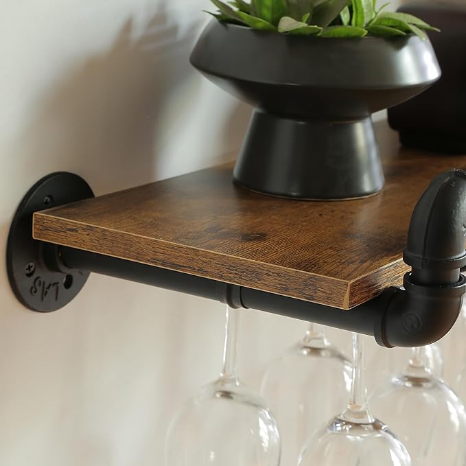 41 Inch Wine Rack Wall Mounted 2 Tier, Hanging Floating Bar Liquor Shelves with Glass Holder Storage Under, Industrial Rustic Pipe Farmhouse Kitchen Decor Black-Ruum Studio Home