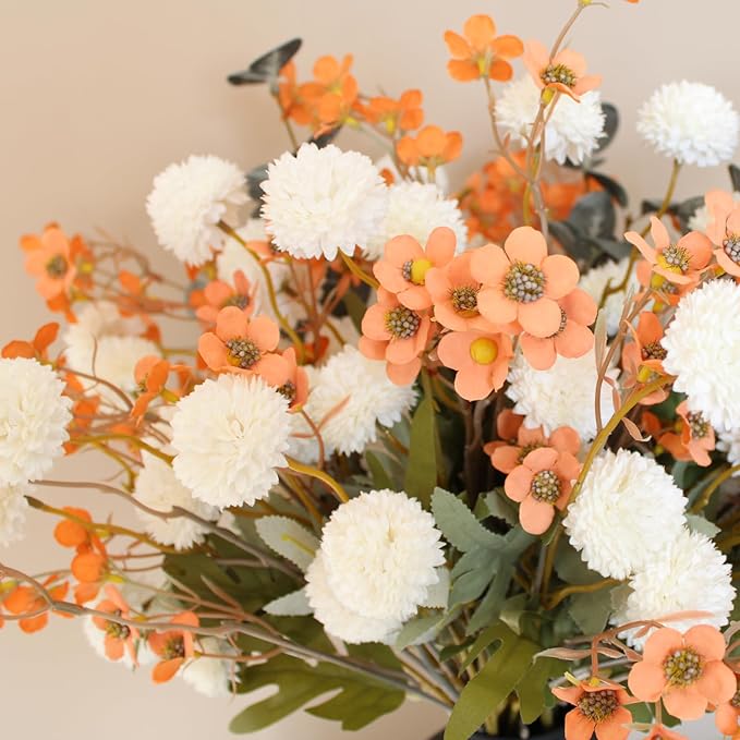 RyddeligHome Artificial White Kiku & Orange Wax Flowers, Bulk Silk Flowers with Long Stems for Vases, Spring Floral Stems Arrangements for Home Decor, Centerpieces for Tables, Rustic Decorations-Ruum Studio Home