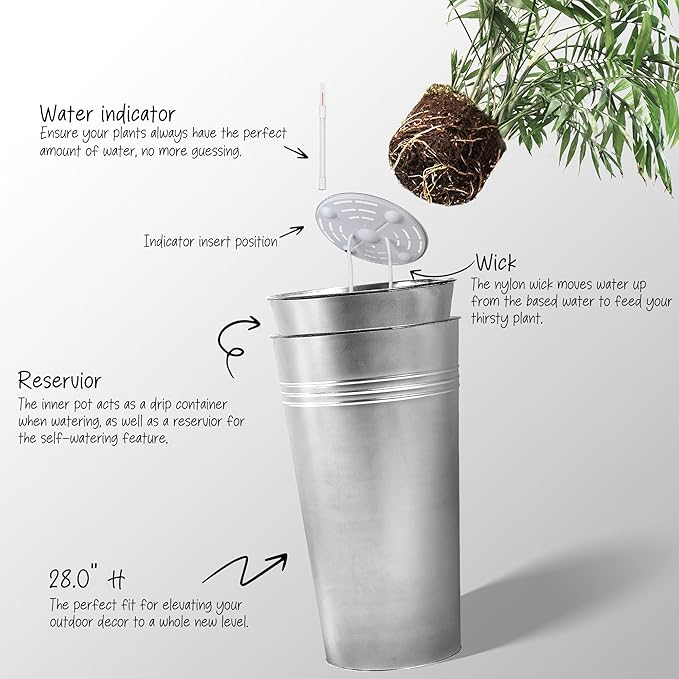 KOL 28'' Tall Galvanized Steel Planter Pot - Flower Pot with Water Level Indicator for Plants - 2-Pack Self Watering Planters - Round Silver Powder Metal Planter Box - Indoor Outdoor Grande Plant-Ruum Studio Home