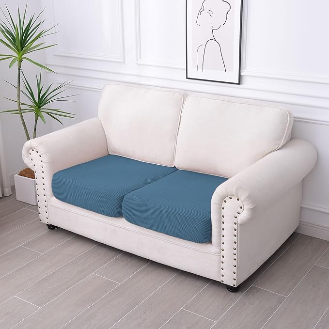 hyha Waterproof Couch Cushion Covers for Pets, Non Slip Sofa Seat Cover for Dogs Washable, Soft Thick Stretch Jacquard Fabric, Sofa Slipcovers with Elastic Bottom (2 Pieces, Blue)-Ruum Studio Home