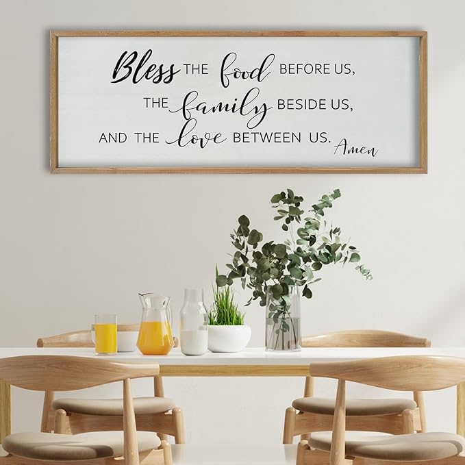 SRSZHIYUE Bless the Food Before Us Wall Sign Decor 40"×15" Christian Bible Verse for Farmhouse Rustic Kitchen Dining Room Framed Wood Scripture Religious Jesus Prayer Wall Art (Wood)-Ruum Studio Home