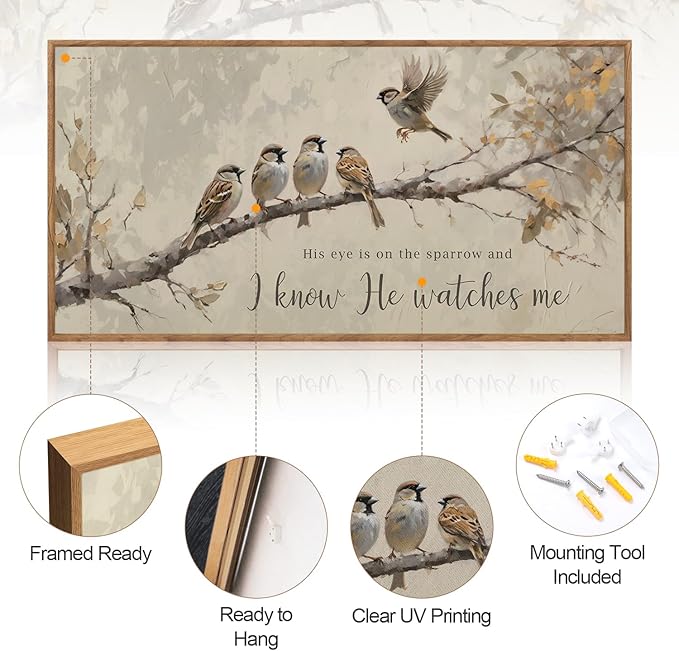 Aurlan His Eye is on the Sparrow Christian Wall Art Framed(40"x20"), Vintage Neutral Birds on Tree Branch Nature Canvas Artwork, Religious Faith Gift Bible Verse Scripture Print Decor for Home Office Bedroom-Ruum Studio Home