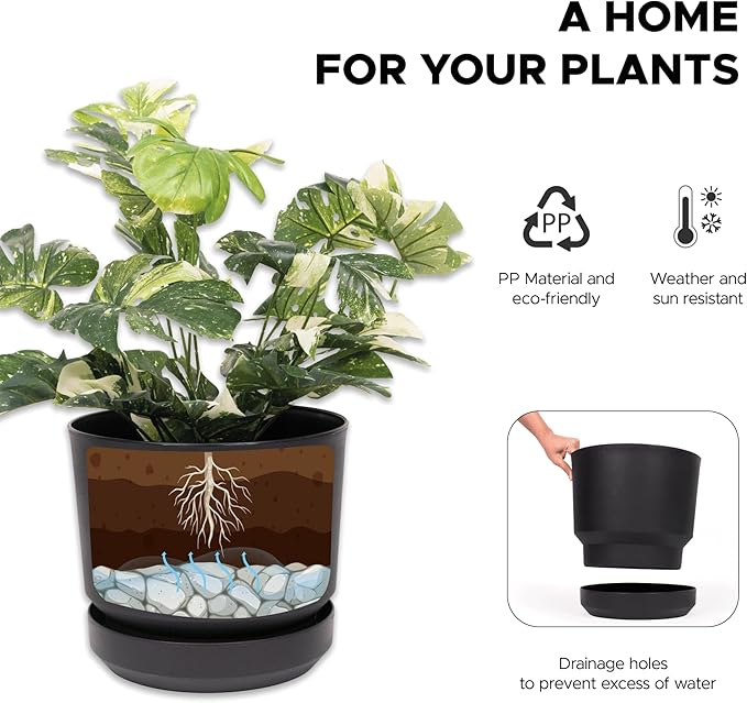 Elly Décor 14 inch Plastic Cylinder Planter Pot with Self-Watering Saucer and Drainage Hole,Lightweight & Extremely Durable, 14"x 14", Charcoal-Ruum Studio Home
