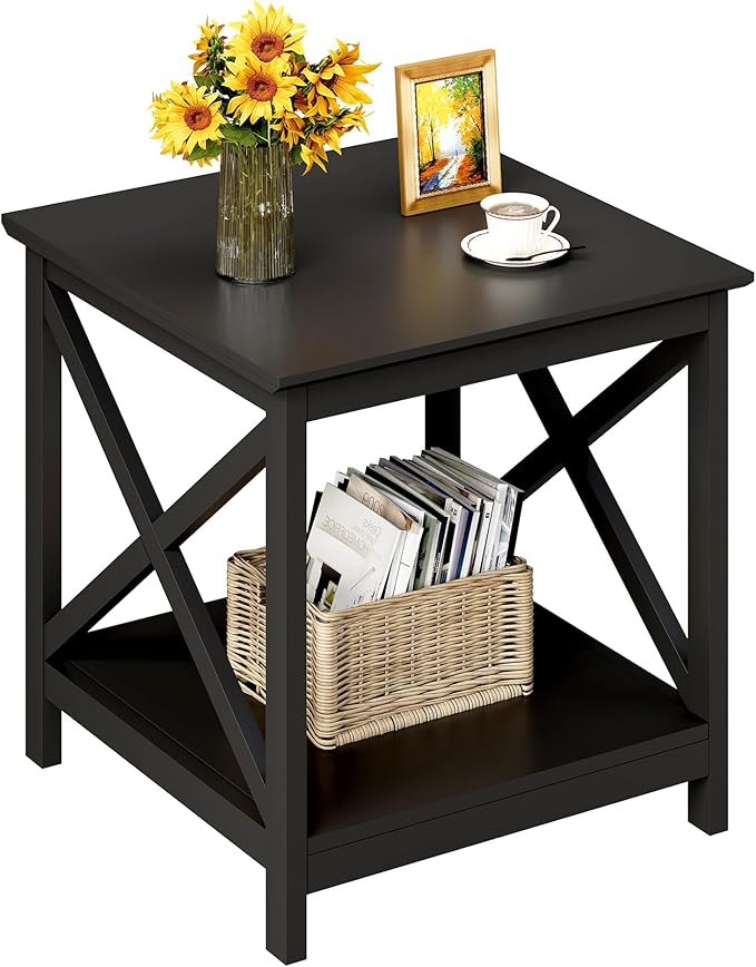 ChooChoo End Table, 24 Inch End Table with 2-Tier Storage Shelf, Side Table for Living Room, Wood Nightstand for Bedroom, Office, Painted Surface, Black-Ruum Studio Home