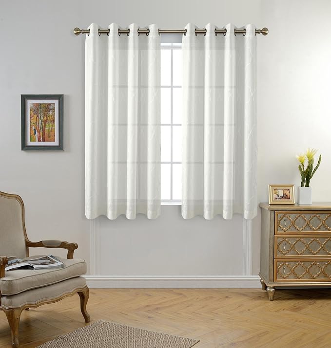 MIUCO Moroccan Embroidery Semi Sheer Curtains Faux Linen Grommet Curtains for Bedroom 52 x 63 Inch 2 Panels, Off White-Ruum Studio Home