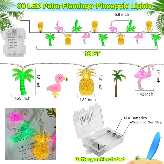 Couah 30 LED 16Ft Summer Beach Hawaiian String Lights - 8 Modes & Timer - Flamingo Pineapple Palm Tree Fairy Lights - Battery Operated for Tropical Party Pool Decorations-Ruum Studio Home