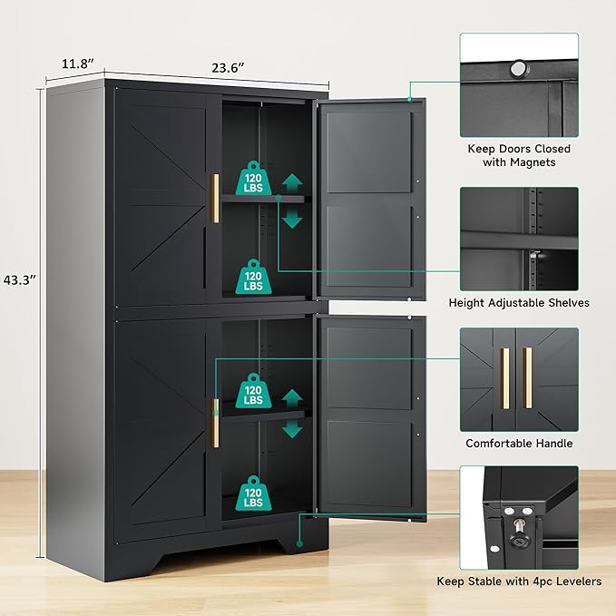 SISESOL Black Storage Cabinet with 4 Doors and 2 Adjustable Shelves,Farmhouse Food Pantry Cabinets,Small Bathroom Cabinet,4 Tier Metal Storage Cabinets for Home Kitchen,Dining/Living/Laundry/Room-Ruum Studio Home
