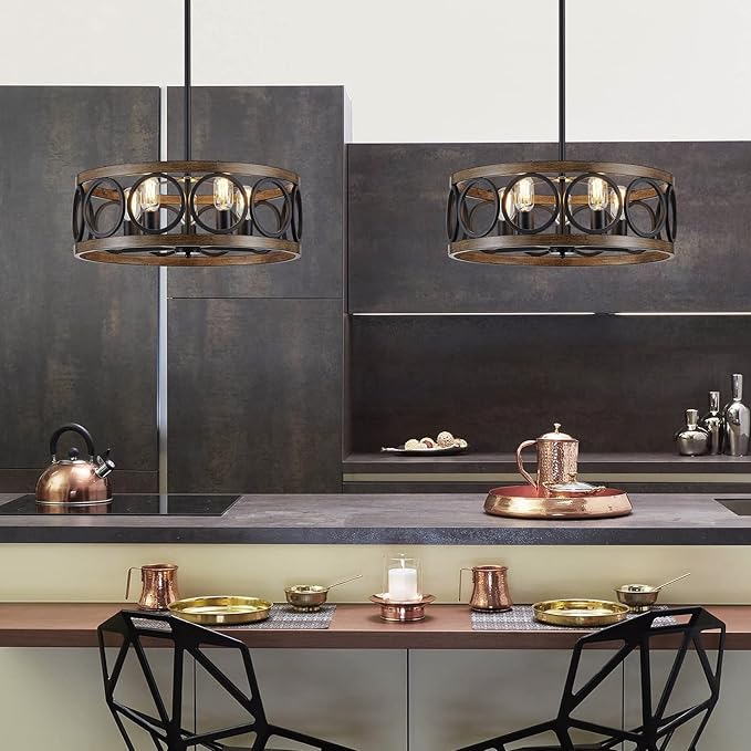 XINGQI 21.7'' Modern Chandelier, Farmhouse Drum Chandeliers for Dining Room Living Room Bedroom 5-Light Pendant Lighting Round Black Metal Antique Wood Grain Finish Adjustable-Ruum Studio Home