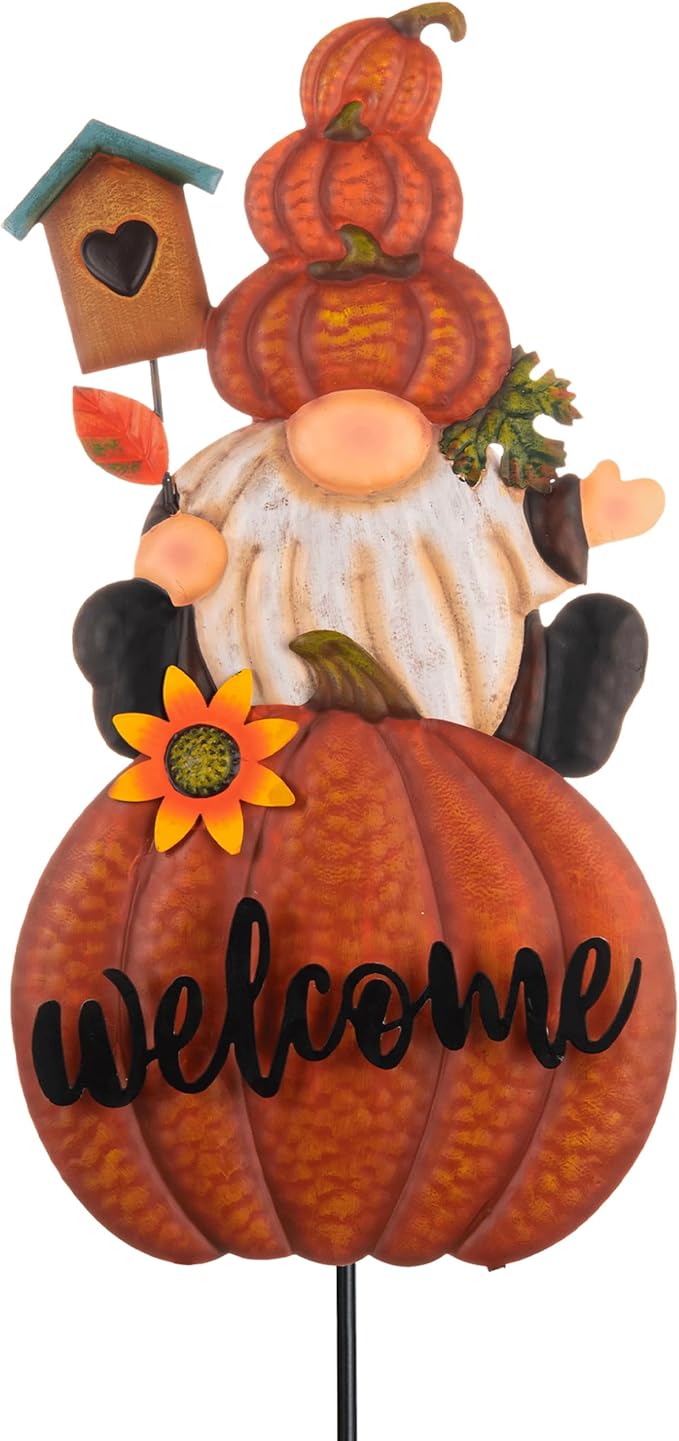 TERESA'S COLLECTIONS Fall Gnome Pumpkin Decorations for Outdoor Home, Metal Fall Decor Welcome Signs Stakes, Orange Autumn Yard Decor for Thanksgiving, Harvest Garden Patio Gift for Mom 25"-Ruum Studio Home