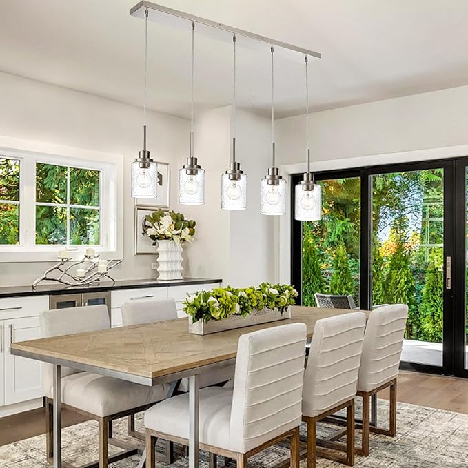 Lighting Contemporary Brushed Nickel Linear Chandelier Pendant Light 5 Lights Clear Seeded Glass Farmhouse Pendant Lighting Modern Dining Room Light Fixture for Living Room Kitchen Island-Ruum Studio Home