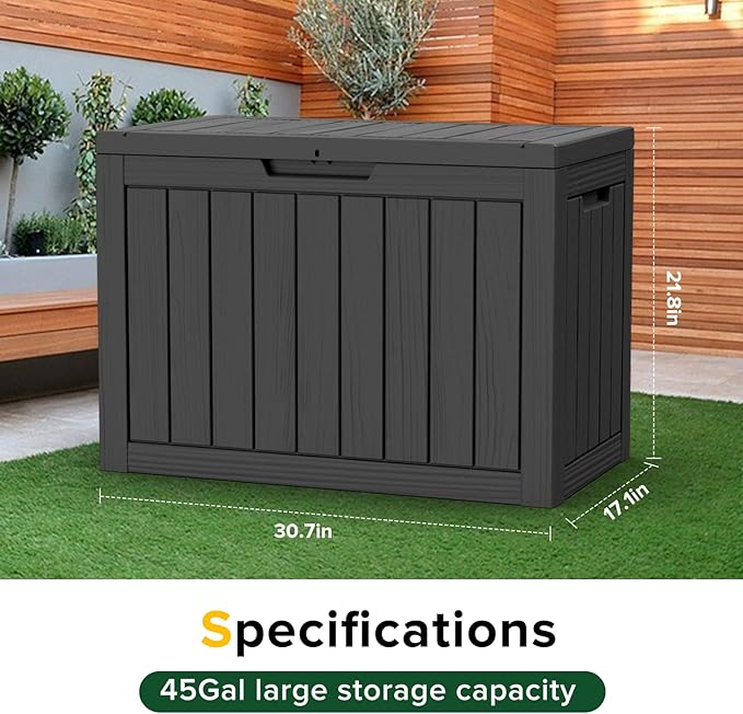 45 Gallon Resin Deck Box, Waterproof Outdoor Storage Bin for Patio, Poolside, and Garden, Lockable & UV-Resistant, Ideal for Small Spaces, Black-Ruum Studio Home