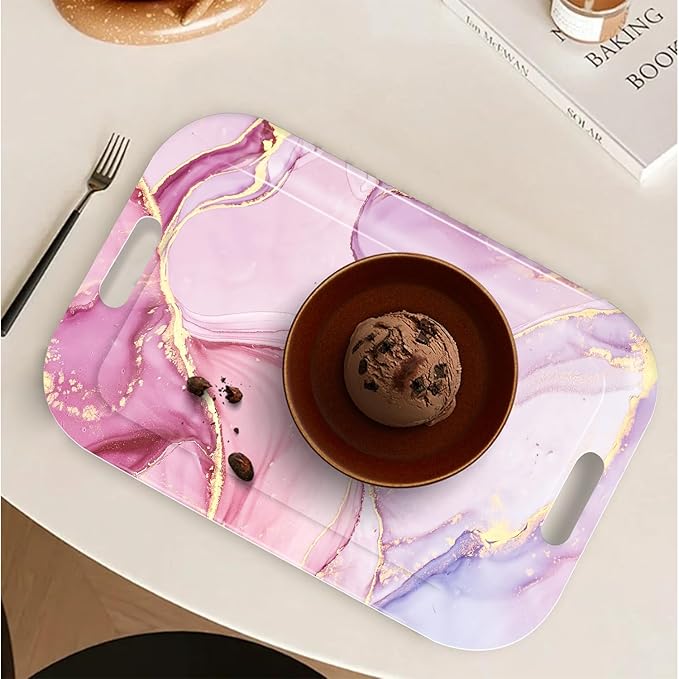 Serving Trays with Handles, 14.5 x 9.8 inch Rectangular Plastic Tray for Restaurant, Kitchen, Painting of Pink and Gold Marble-Ruum Studio Home
