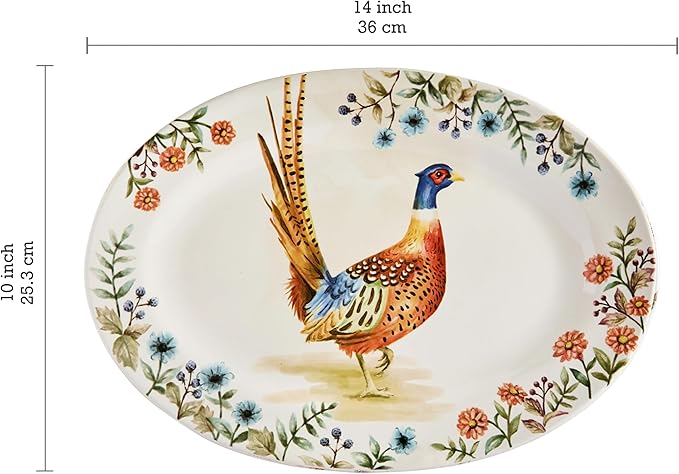 Bico Autumn Birds 16 plus 14 inch Oval Platters Set, Set of 2, Microwave and Dishwasher Safe, for Serving Fish, Chicken, Turkey-Ruum Studio Home