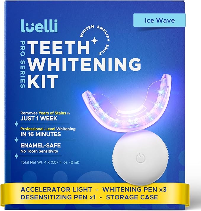 Luelli Teeth Whitening Kit with 35% Carbamide Peroxide - Teeth Whitener for Sensitive Teeth | Enamel Safe - 32 LED Lights - Wireless with Tray and (3) Whitening Gel Pen for Home | Travel (Ice Wave)-Ruum Studio Home