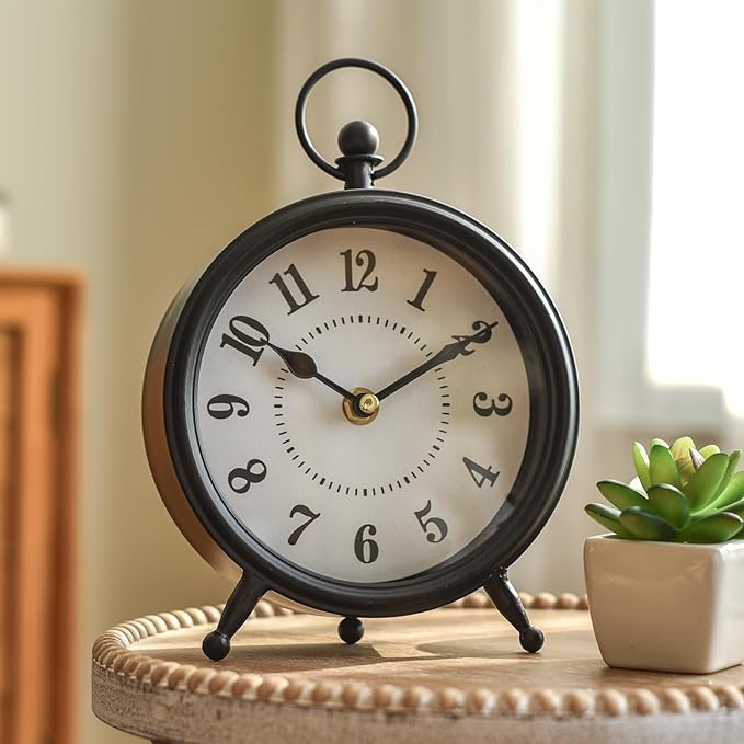 Vintage Non-Ticking Black Table Clock with Stand, Decorative Clock for Desk and Shelf, Rustic Farmhouse Style Mantel Timepiece-Ruum Studio Home