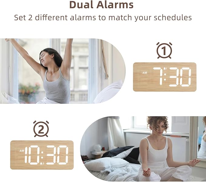 uscce Wooden Digital Alarm Clocks for Bedrooms: Dimmable Dual Alarm Clock with Large Numbers for Bedside Desk - Loud Alarm for Heavy Sleepers with Volume Control - Wood Decor & Gifts-Ruum Studio Home