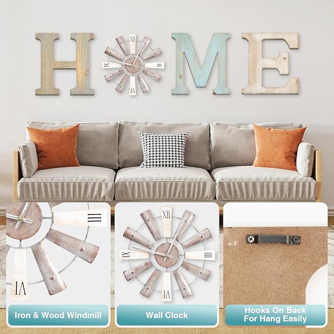 ZAZIWZ Farmhouse Home Signs with Windmill Clock Wall Decor Rustic Home Letters Wall Art for Living Room Kitchen Entryway Dining Room Bedroom (mix color)-Ruum Studio Home