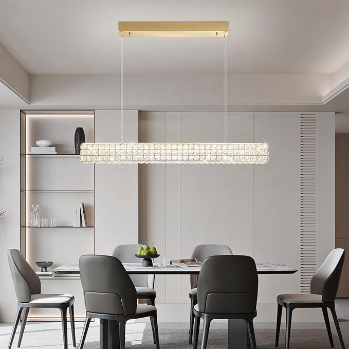 Rectangle Crystal Chandelier Modern Gold Crystal Chandelier Rectangular Pendant Lighting Fixture for Dining Room Kitchen Island Bedroom (L 40")-Ruum Studio Home