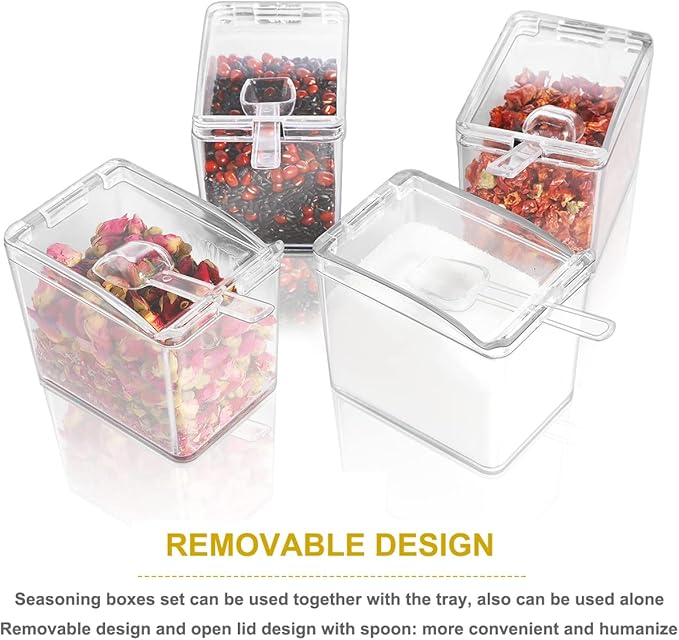 Clear Seasoning Box 4 PCS/Set, Acrylic Seasoning Rack Seasoning Storage Container Condiment Jar Spice Box Spice Jar Spice Pot Spice Rack with Spoon & Lid & Tray for Salt Pepper Sugar (#A)-Ruum Studio Home