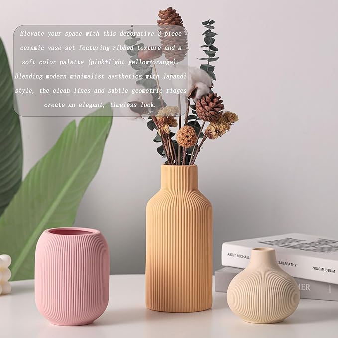 Ceramic Vase Set of 3, Vases Home Decor Modern Minimalist Decor Pottery Boho Vases for Pampas Grass Dried Fresh Flowers, Bookshelf, Shelf, Bedroom, Entryway Mantel Decor(Pink+Light Yellow+Orange)-Ruum Studio Home
