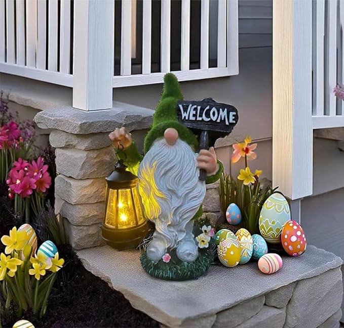 Solar Gnome Outdoor Garden Fall with Solar Lantern - 11’’Halloween Autumn Welcome Gnomes Decorations for Yard Patio (Green & White)-Ruum Studio Home