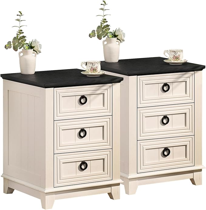 Farmhouse Night Stand Set of 2, 18" End Table with 3 Drawer Metal Handle, Dresser for Bedroom, Sofa Bed Side Table Chest of Drawers,Wood Nightstand Cabinet for Organizer, Living Room-White-Ruum Studio Home